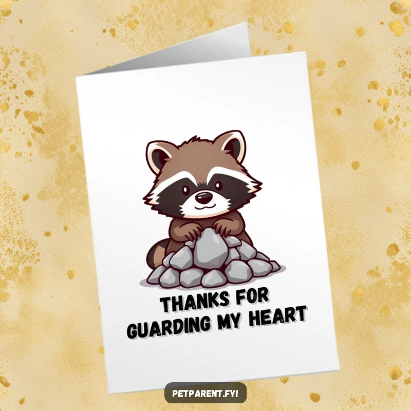 Funny Free Printable Raccoon Thank You Card, a raccoon guards shiny rocks, showing deep appreciation.