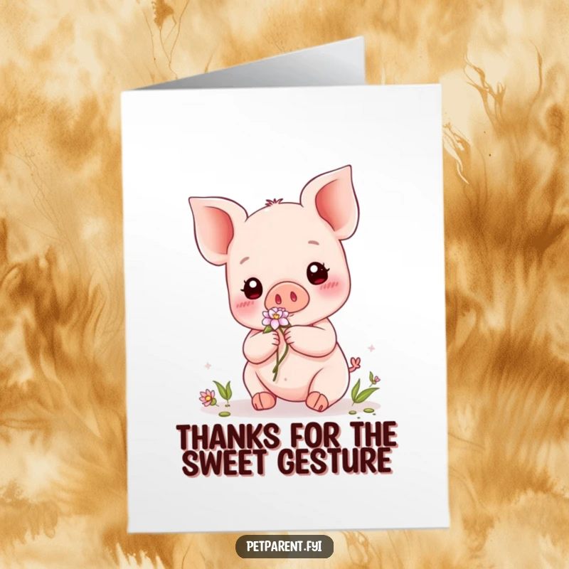 Funny Free Printable Kawaii Piglet Thank You Card: Cute piglet presents a flower to a dear companion.