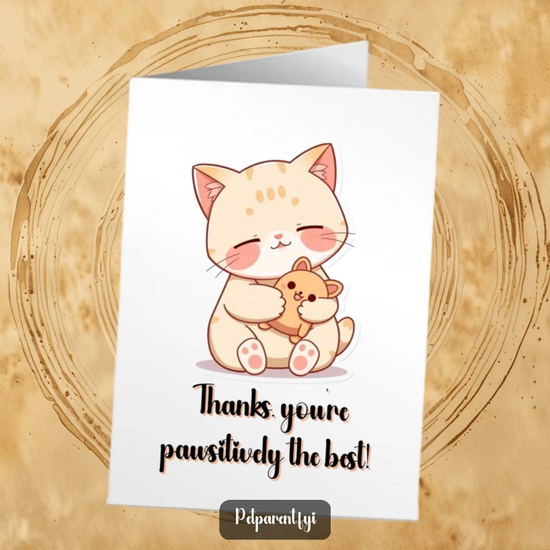 Funny Free Printable Thank You Card: Contented cat cuddles its stuffed toy, expressing quiet, happy gratitude.