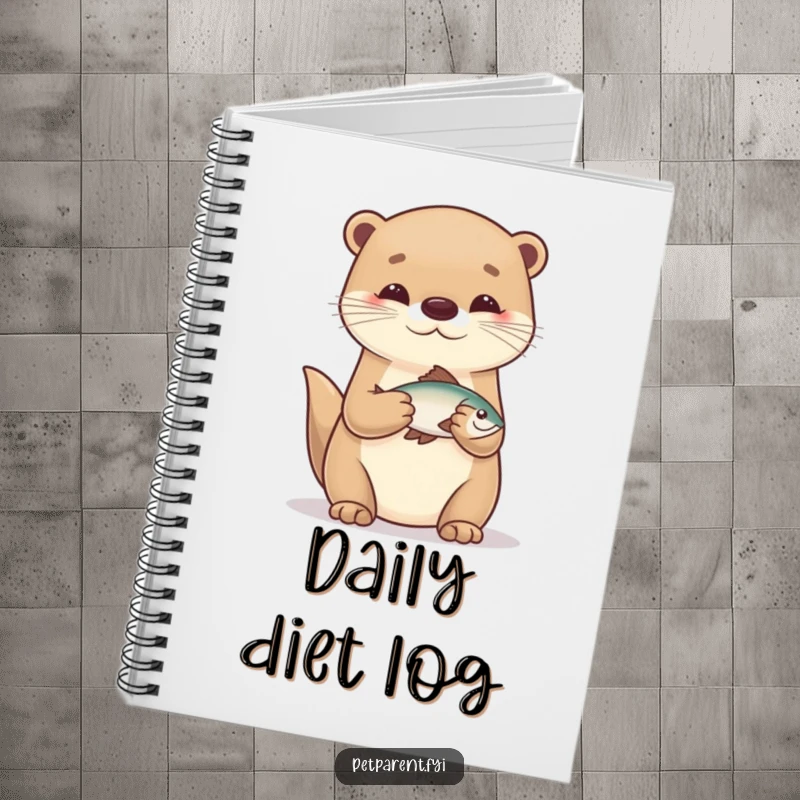 Funny and successful otter character holding a tiny fish on the cover of a notebook, perfect for journaling.