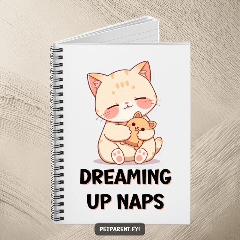 Funny Cat Notebook featuring a contented cat purring while holding a stuffed toy, perfect for writing with a humorous and peaceful touch.