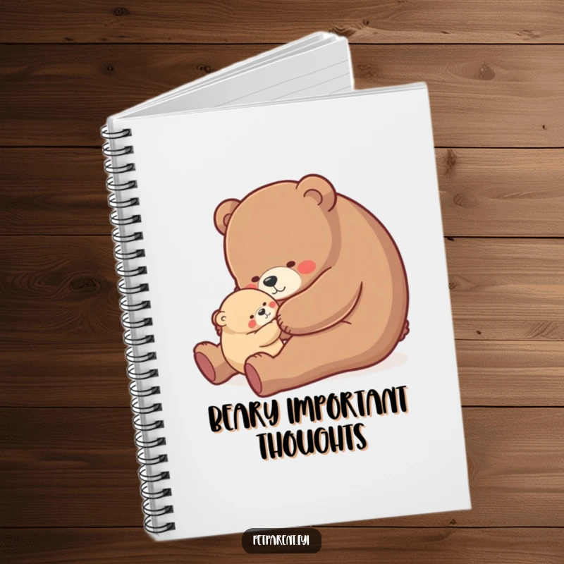 Funny bear hug notebook, nurturing bear character rocking a small cub, humorous and practical for jotting down thoughts.