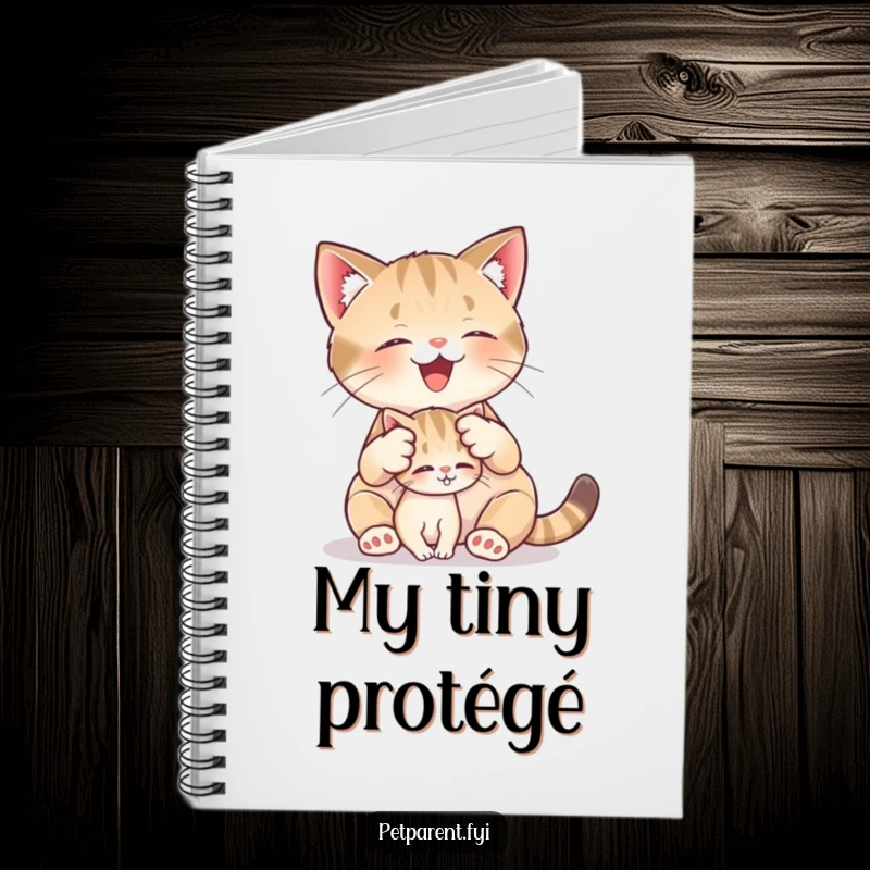 Funny notebook with a cover depicting a cat character grooming a very small kitten, perfect for journaling feline thoughts.