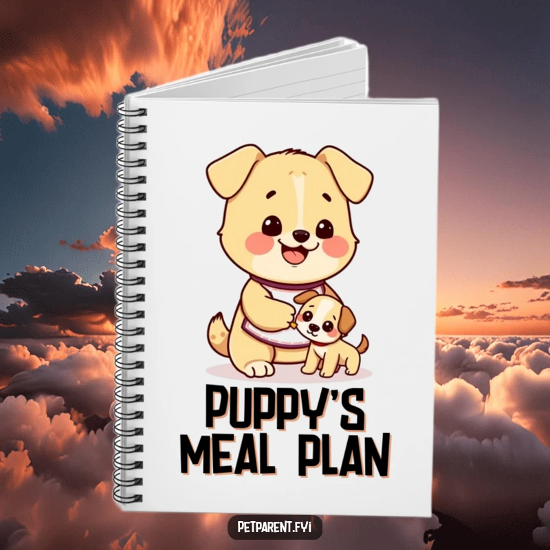 Funny dog notebook with a cute character in an apron happily feeding a smaller puppy, perfect for jotting down ideas with humor.