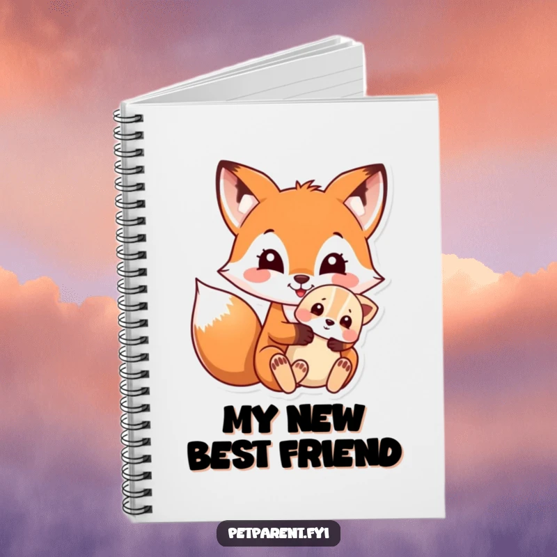 Funny notebook cover showing a delighted fox gently holding a small, cute puppy, inspiring creativity.