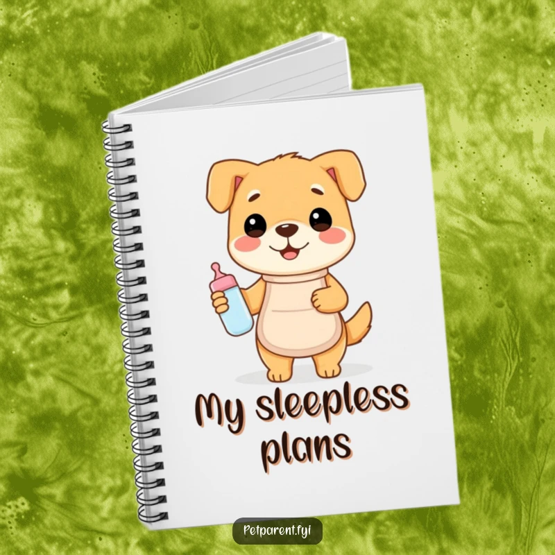 Funny notebook with a happy dog wearing an apron and holding a baby bottle, ideal for humorous note-taking.