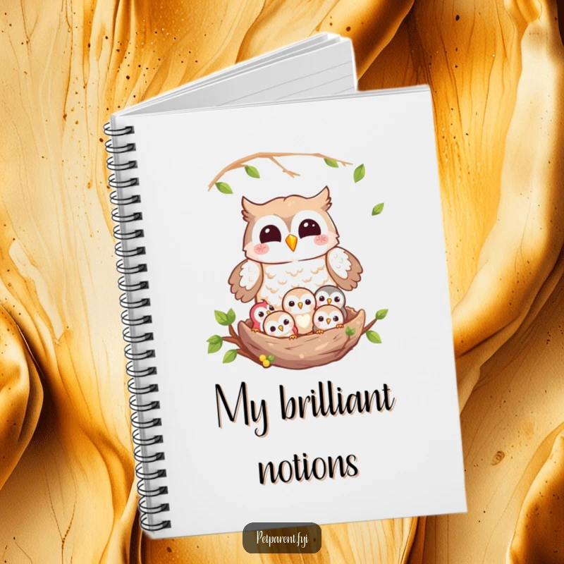 Funny owl notebook with a cheerful owl character watching over a nest full of owlets, ideal for creative writing and note-taking.