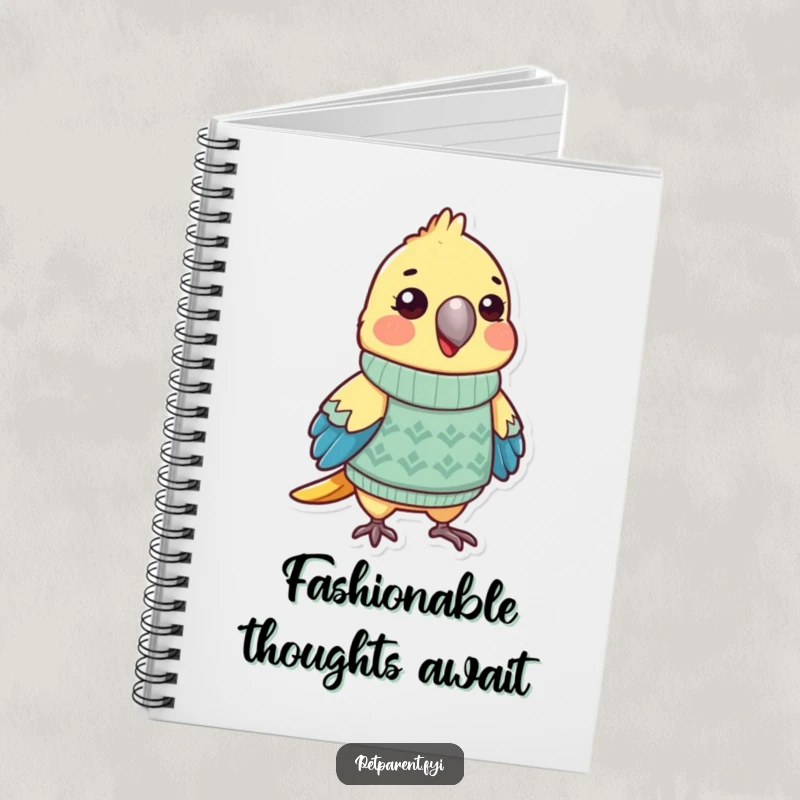 Funny parrot notebook with a cute character in a tiny sweater, designed for writing and drawing, adding humor. A perfect funny gift.