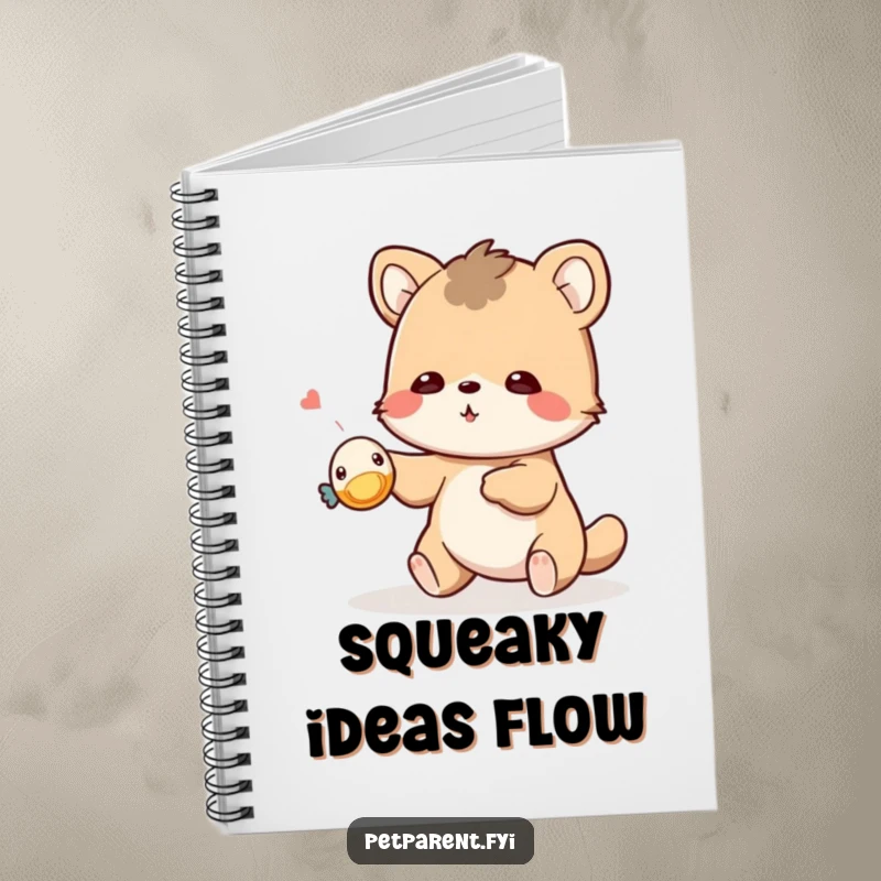 Funny playful animal notebook with a cover illustration of a character tossing a tiny squeaky toy. Humorous stationery gift.