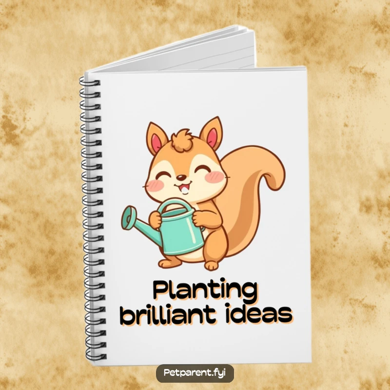 Funny notebook cover with a joyful squirrel holding a watering can, perfect for planning garden plots.