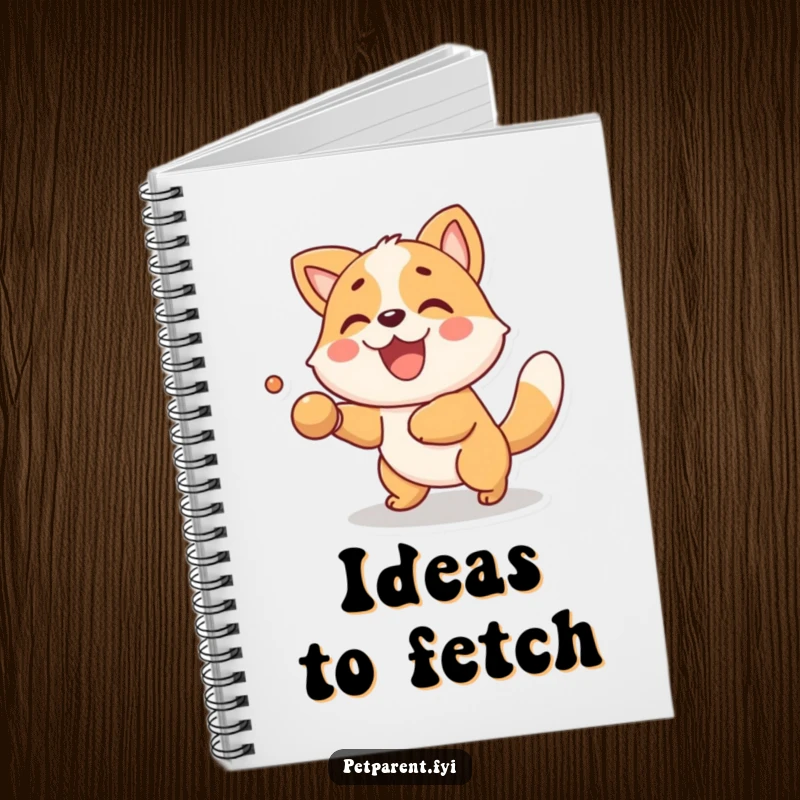 Funny Notebook with a delighted animal character playing fetch on the cover. A charming funny gift for journaling and planning fun activities.