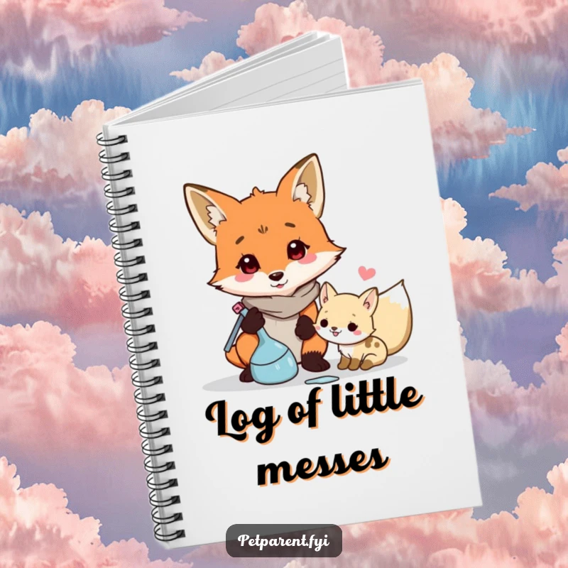 Funny and organized fox character cleaning up on the cover of a notebook, perfect for journaling or lists.