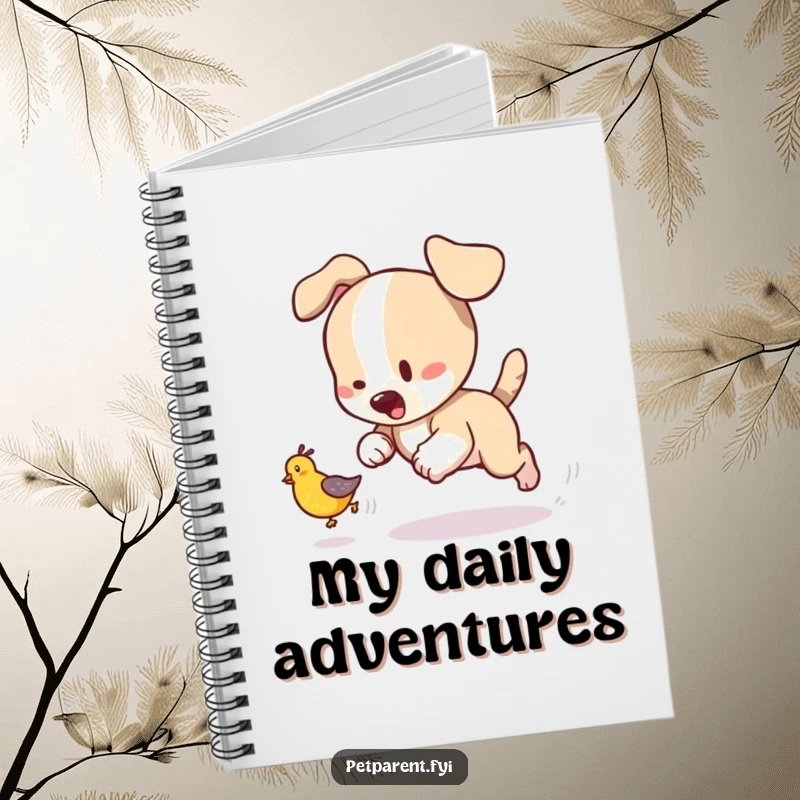Funny notebook with a playful puppy character chasing a tumbling baby bird, designed for jotting down ideas with humor.