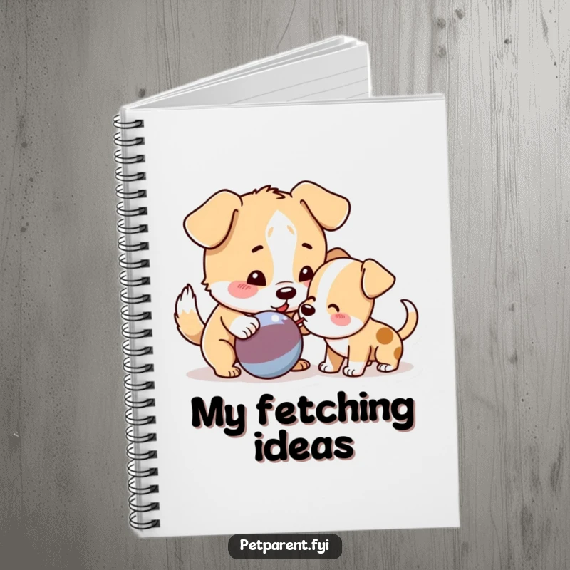 Funny Dog Notebook featuring a playful dog nudging a squeaky toy towards a puppy, perfect for writing with a humorous and friendly touch.