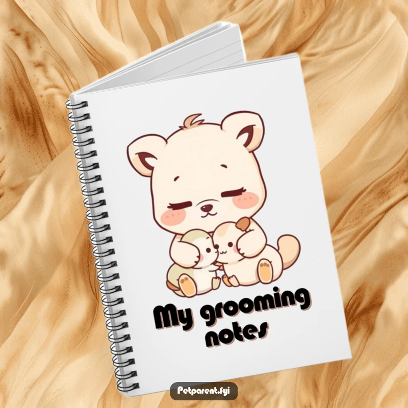 Funny nurturing animal character gently grooming a smaller animal, on the cover of a lined notebook.