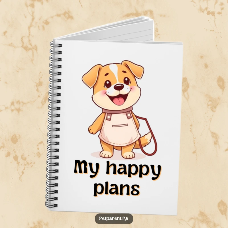 Funny notebook featuring a happy dog character in an apron holding a leash, designed for planning meals and outings.