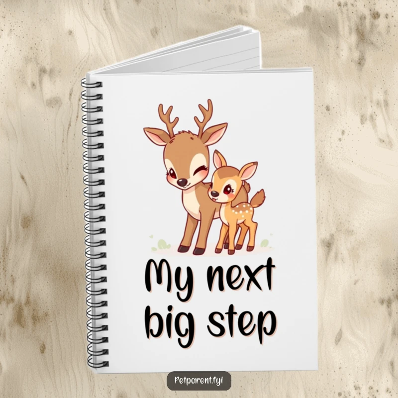 Funny deer notebook with a devoted deer character nudging a young fawn, ideal for documenting journeys and personal reflections.