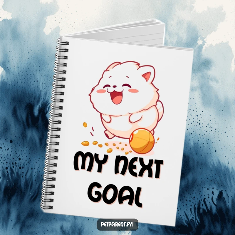 Funny notebook cover: a fluffy creature joyfully chasing a rolling food pellet, inspiring fun and creativity.