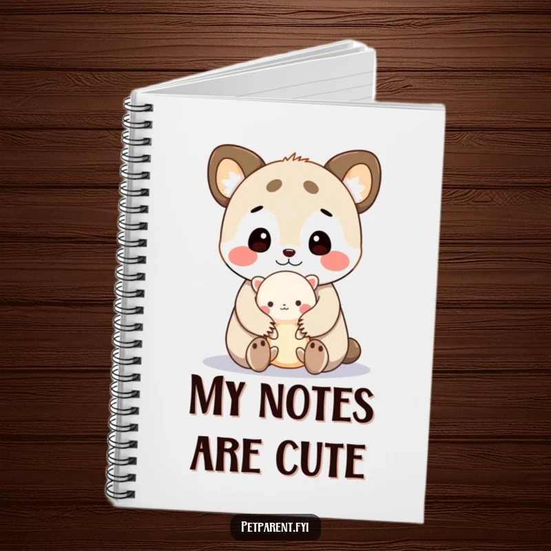 Funny notebook showcasing a cute animal character cuddling a tiny creature, ready to record your humorous, heartwarming thoughts.