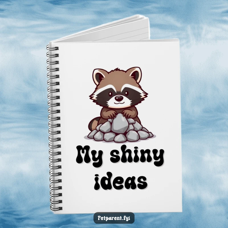 Funny raccoon notebook with a protective raccoon character guarding shiny rocks, ideal for creative writing and note-taking.