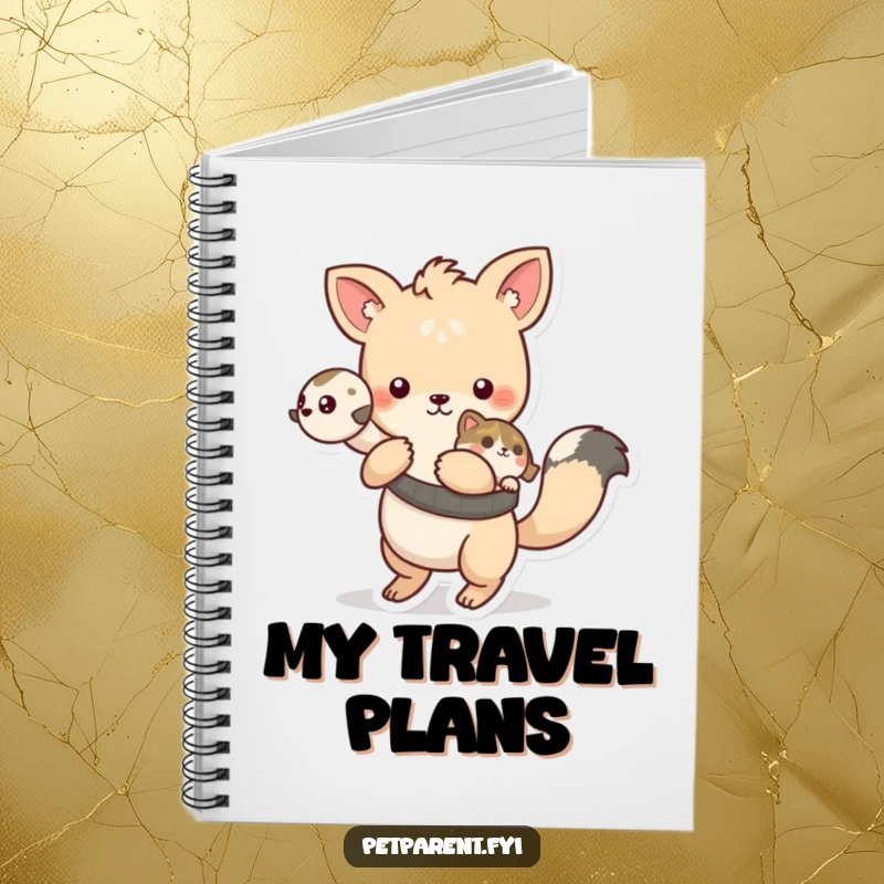 Funny playful animal character carrying a pet on its back, on the cover of a lined notebook.