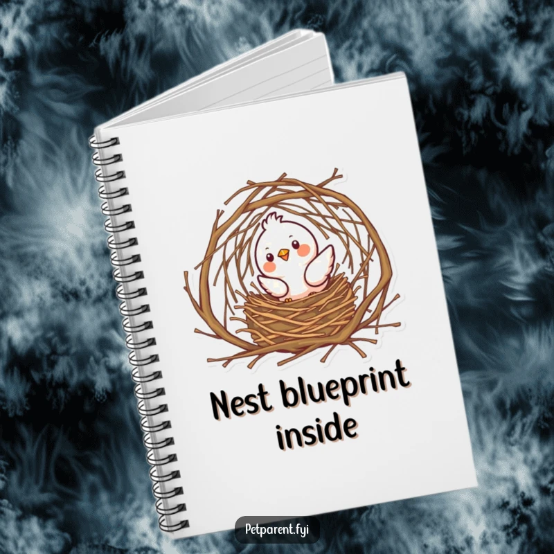 Funny bird character building a nest with twigs, ideal for notes and creative ideas, a cute notebook cover.