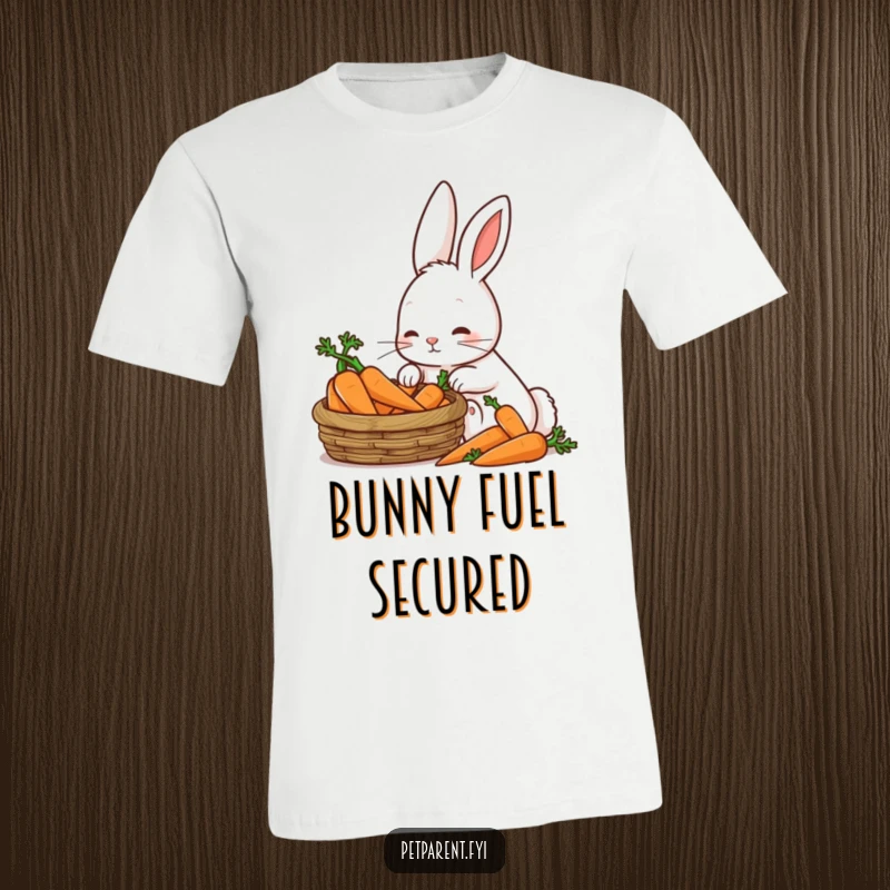 Funny Patient Rabbit T-Shirt: A patient rabbit adores a basket of carrots, perfect for a funny veggie enthusiast gift.