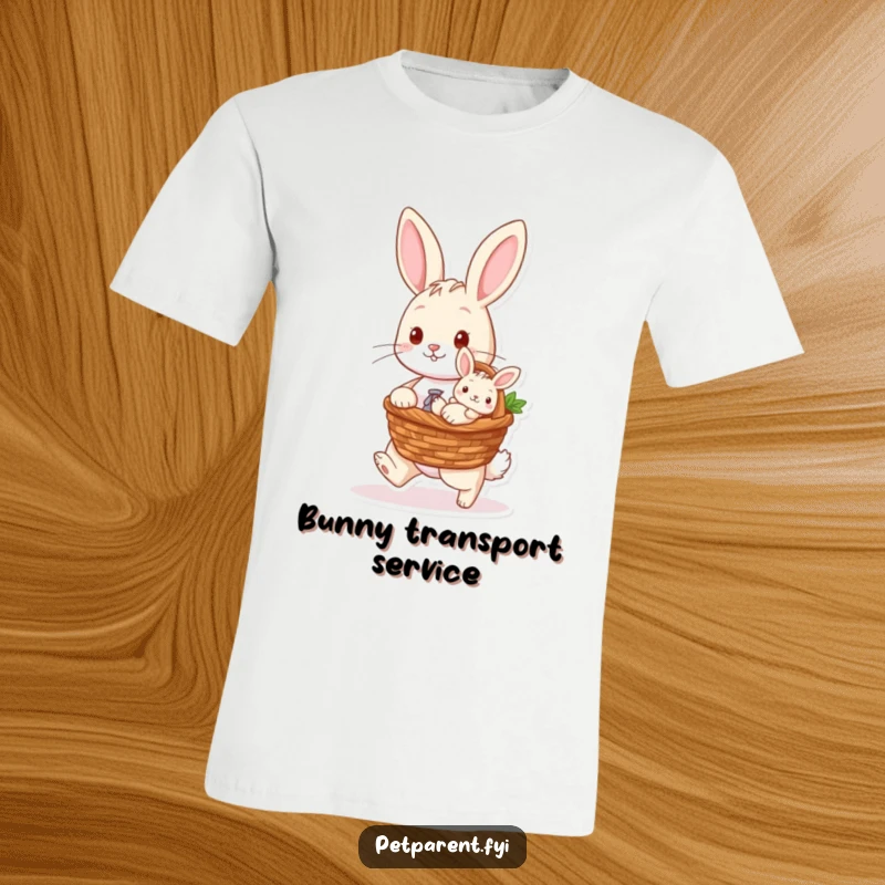 Funny t-shirt featuring a nurturing rabbit character carrying a small baby bunny in a basket, celebrating gentle care and motherhood.