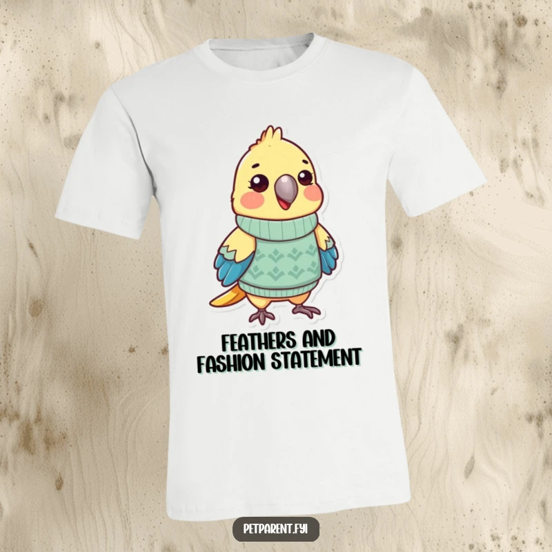 Funny parrot t-shirt featuring a charming bird character dressed in a tiny, fashionable sweater. A humorous gift for bird lovers.