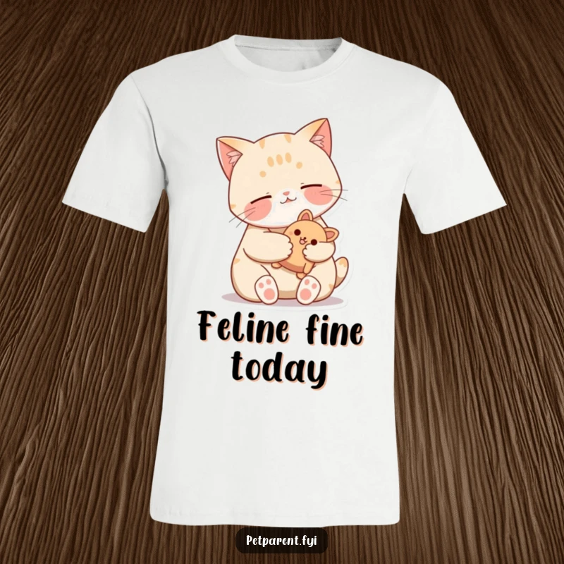 Funny Cat T-Shirt depicting a contented cat purring while hugging a small stuffed toy, capturing a moment of pure feline bliss.