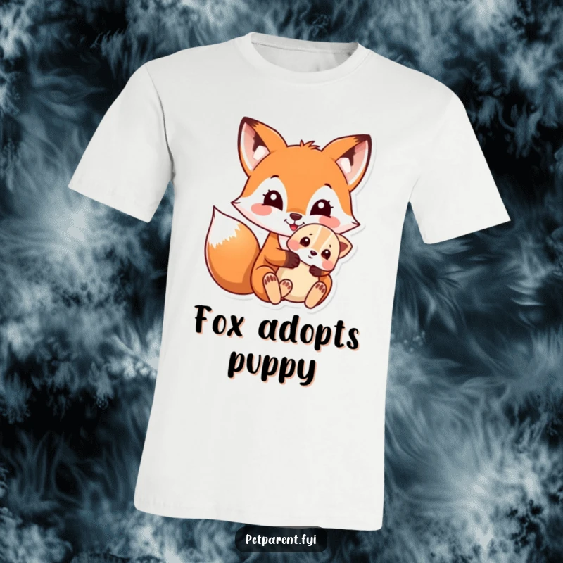 Funny t-shirt featuring a delightful fox character tenderly hugging a small, adorable puppy, expressing pure animal love.