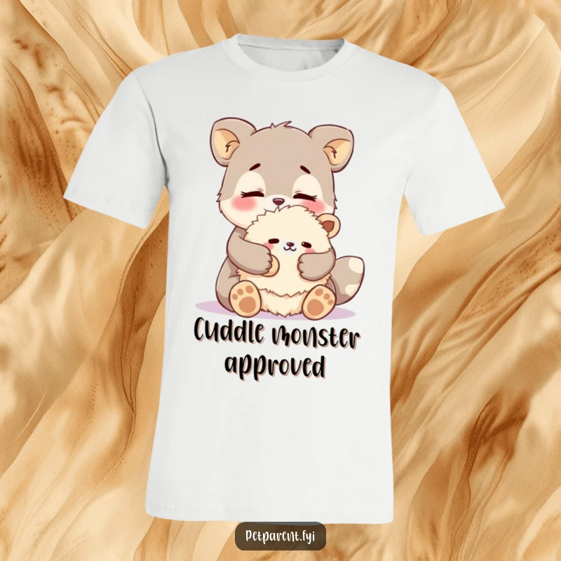 Funny affectionate animal t-shirt featuring a character hugging a fluffy stuffed animal with love. Humorous gift for huggers.