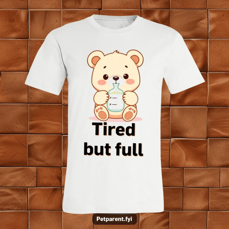 Funny illustration of a nurturing bear offering a bottle of formula to a baby, printed on a comfortable t-shirt.