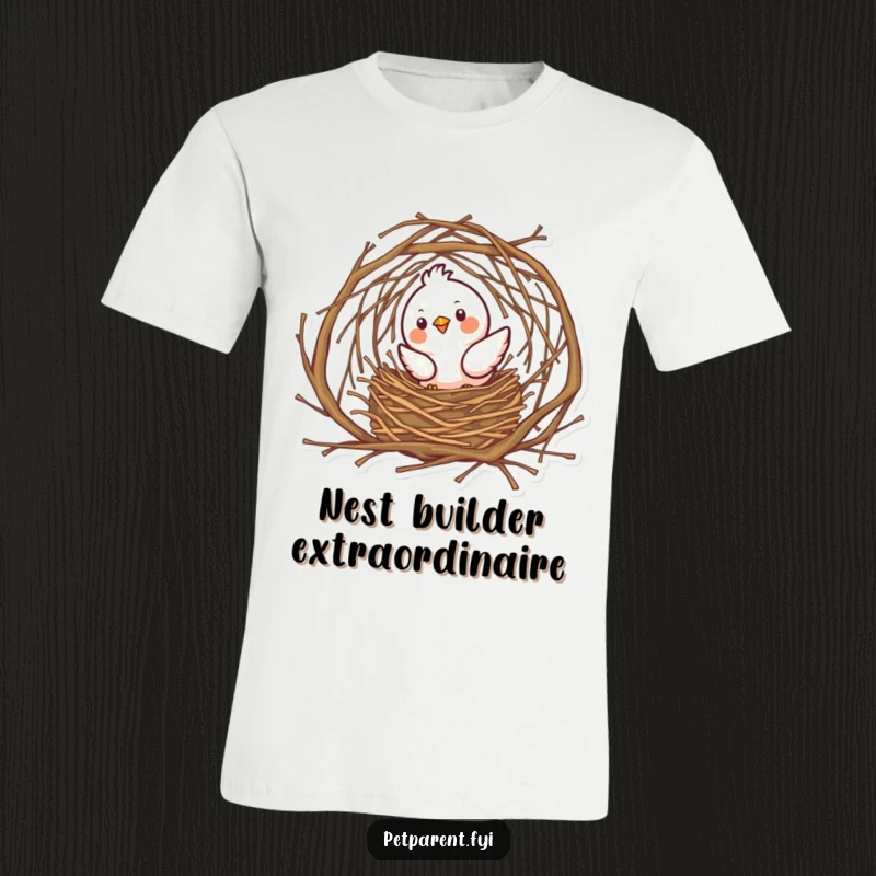 Funny bird character intently constructing a beautiful, complex nest from small twigs, depicted on a soft t-shirt.