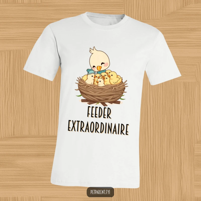 Funny t-shirt featuring a caring bird character feeding a nest full of hungry chicks, celebrating the cycle of life and love.
