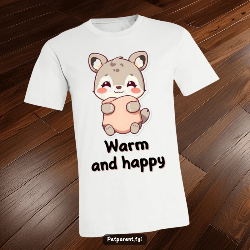 Funny t-shirt featuring a joyful animal character embracing a small, warm blanket, conveying feelings of coziness and happiness.