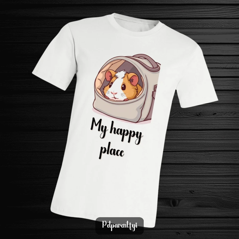 Funny t-shirt featuring a content guinea pig peeking out of a fabric-lined carrier bag, showcasing humorous and cozy pet appreciation.