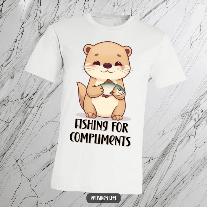 Funny illustration of a caring otter character holding a small fish, printed on a comfortable t-shirt.