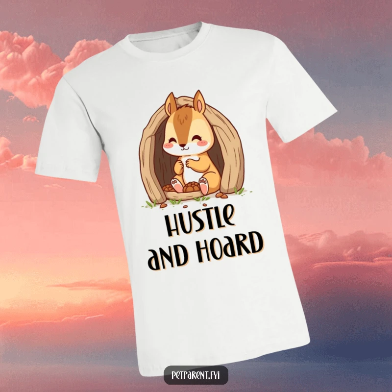 Funny illustration of a dedicated squirrel character meticulously constructing a tiny den, printed on a comfortable t-shirt.