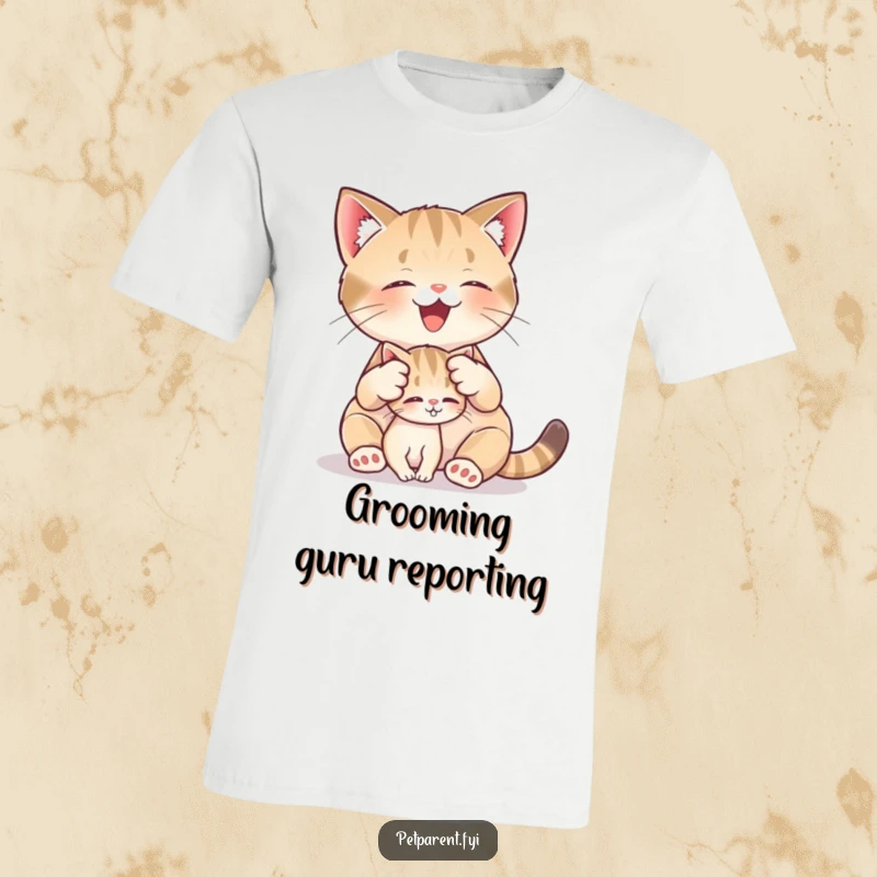Funny t-shirt depicting a happy cat character meticulously grooming a tiny, cute kitten, celebrating the sweet side of cat life.