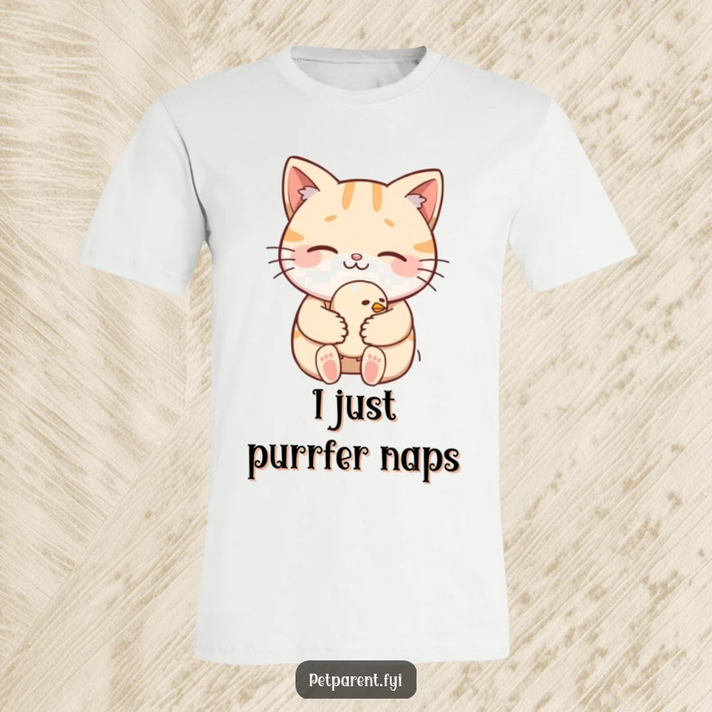 Funny T-Shirt: A sweet cat cradles a small, slumbering bird, expressing a funny, tender moment for all to enjoy.