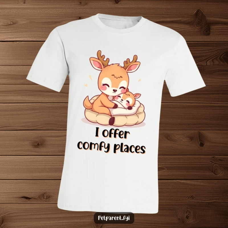 Funny t-shirt with a gentle deer character offering a soft bed to a friend, symbolizing comfort and friendship.
