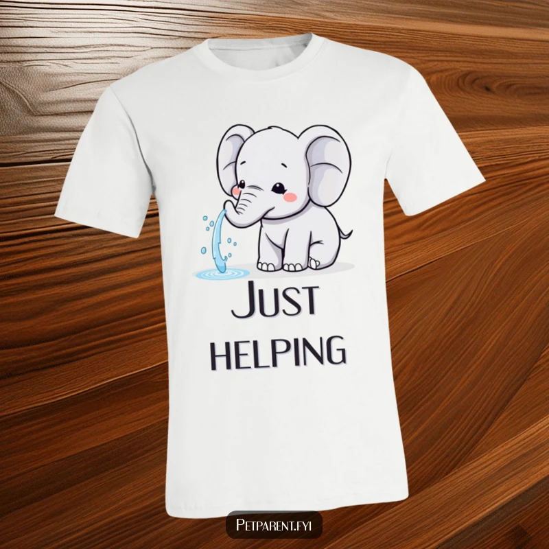 Funny Kawaii Elephant T-Shirt: An adorable elephant character spraying water to help a friend, symbolizing care and generosity.