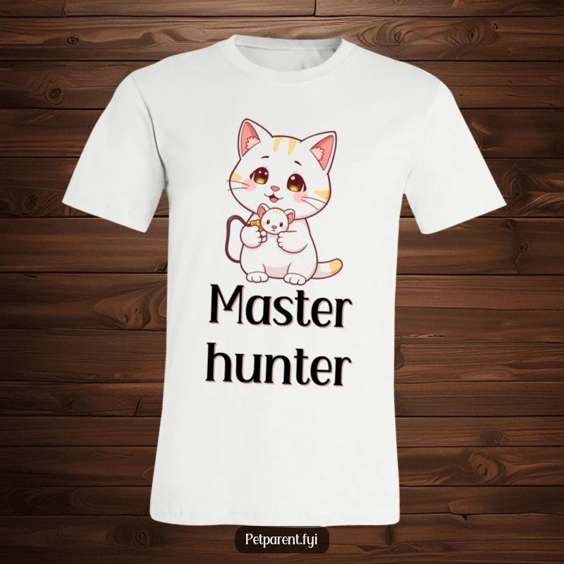 Funny Cat T-Shirt: A proud cat triumphantly holds a tiny toy mouse. A great funny gift.