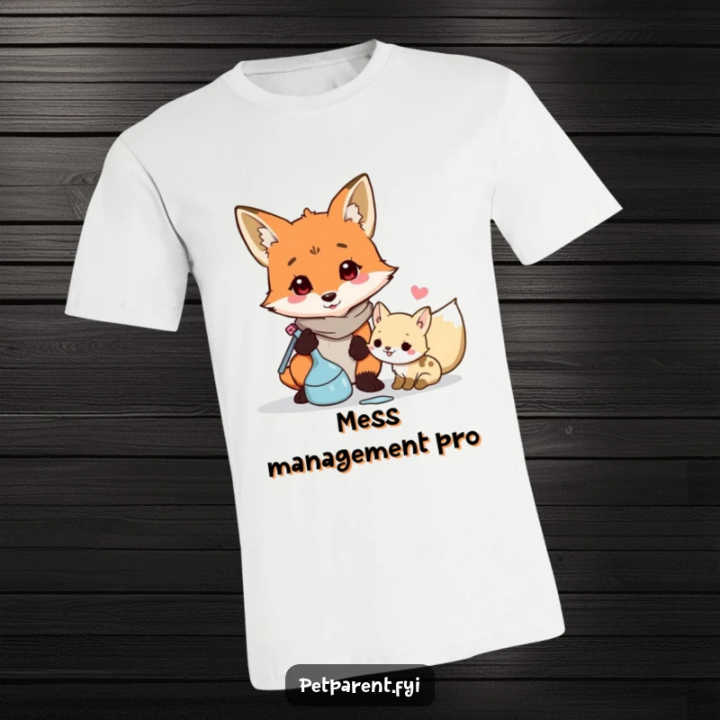 Funny illustration of a responsible fox character tidying up messes, printed on a comfortable t-shirt.