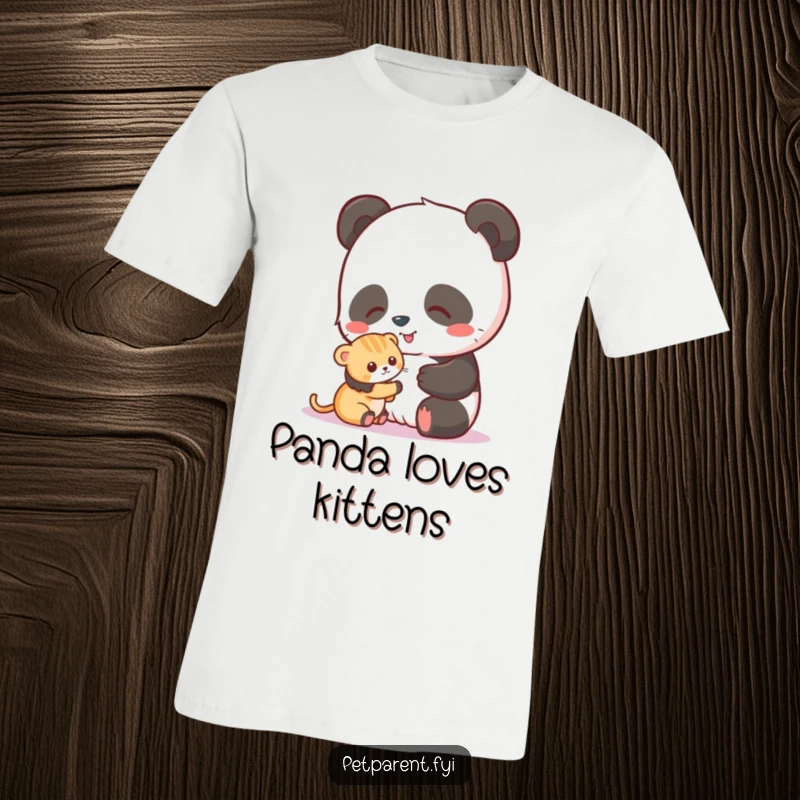 Funny t-shirt depicting a happy panda character gently stroking a small, adorable kitten, symbolizing sweet companionship.
