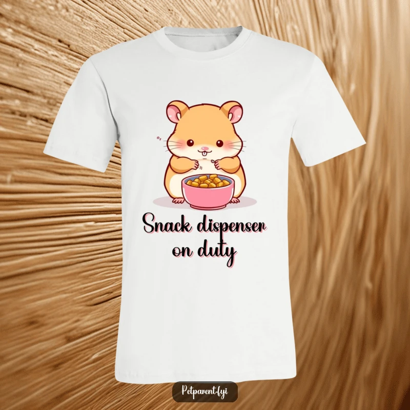 Funny t-shirt featuring a dedicated hamster character preparing a miniature food bowl for a tiny companion, highlighting care and sharing.