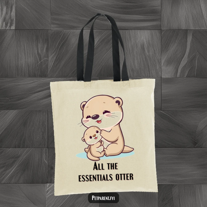 Funny Otter Tote Bag depicting a happy otter playing with a timid baby otter, great for stylish, humorous everyday carrying.