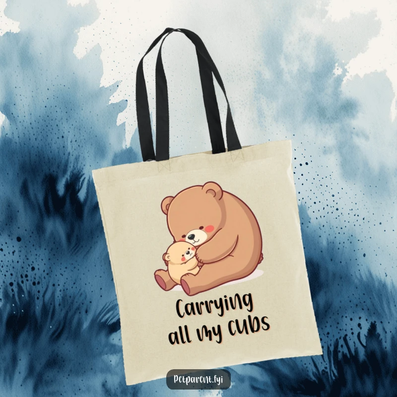 Funny bear hug tote bag, a nurturing bear character gently rocking a small cub, practical and humorous for everyday use.
