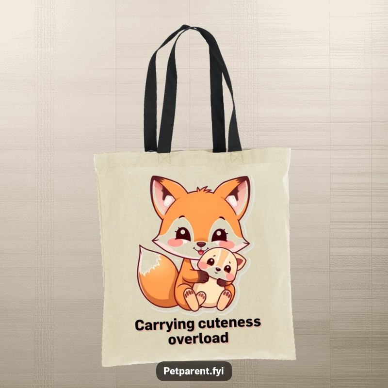Funny tote bag illustration of a happy fox gently holding a small, lovable puppy, ready for errands.